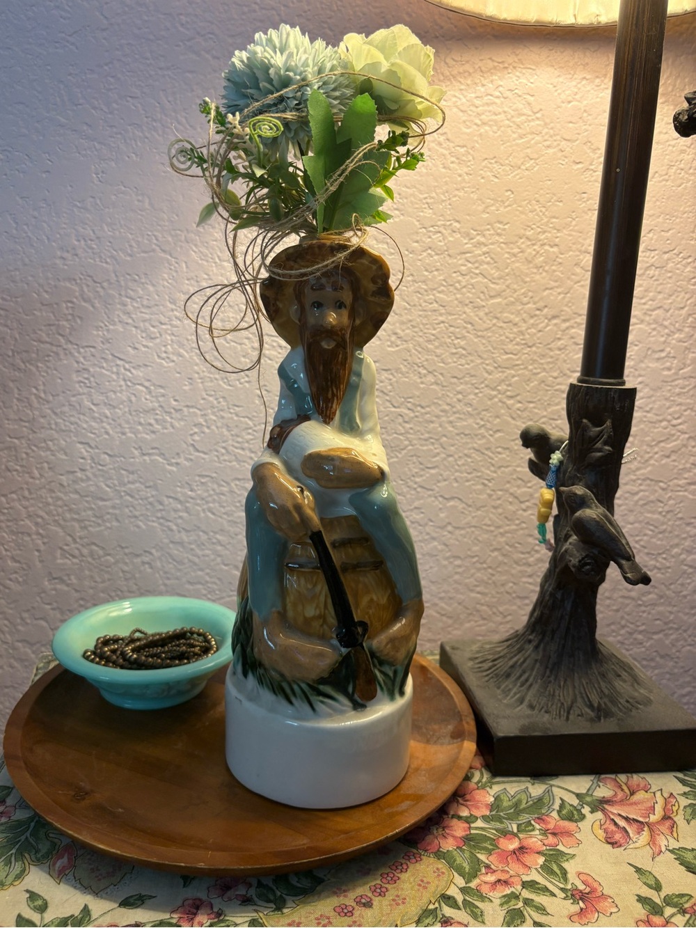Vintage Hillbilly Decanter Ceramic Figurine Vase in Teal and Brown Shotguns